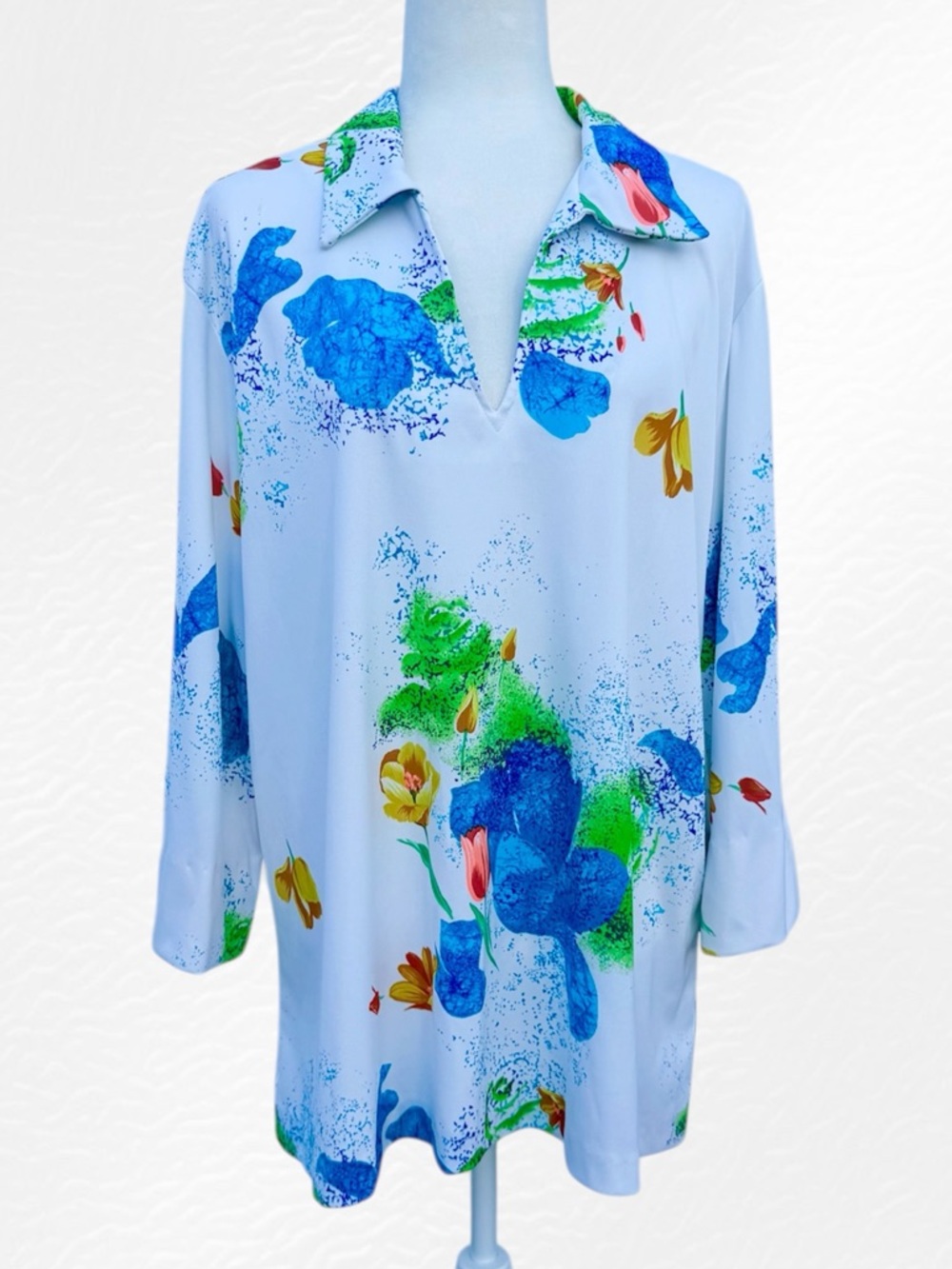 Lady Winn by Teddi 70’s Abstract Floral Long Sleeve Collared Tunic ~ Women’s XL